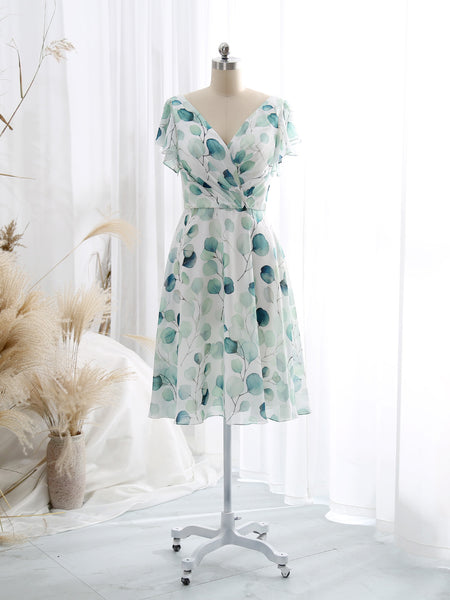 MissJophiel Women V Neck Ruffled Short Sleeves Knee Length A Line Wedding Party Guest Dresses Cocktail Casult One Piece