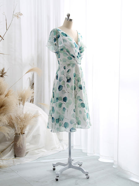 MissJophiel Women V Neck Ruffled Short Sleeves Knee Length A Line Wedding Party Guest Dresses Cocktail Casult One Piece