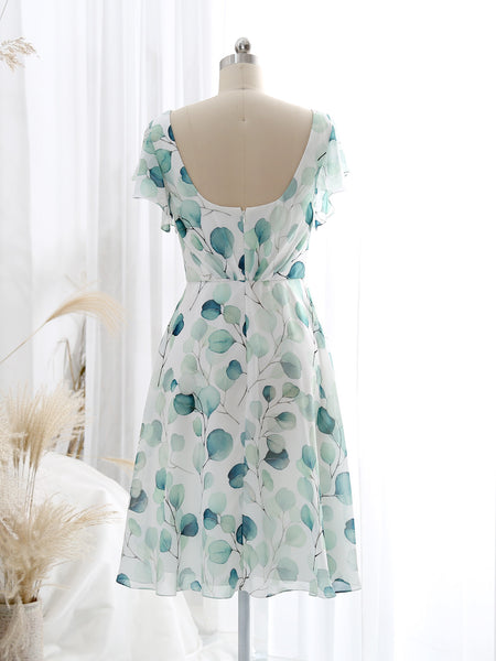 MissJophiel Women V Neck Ruffled Short Sleeves Knee Length A Line Wedding Party Guest Dresses Cocktail Casult One Piece