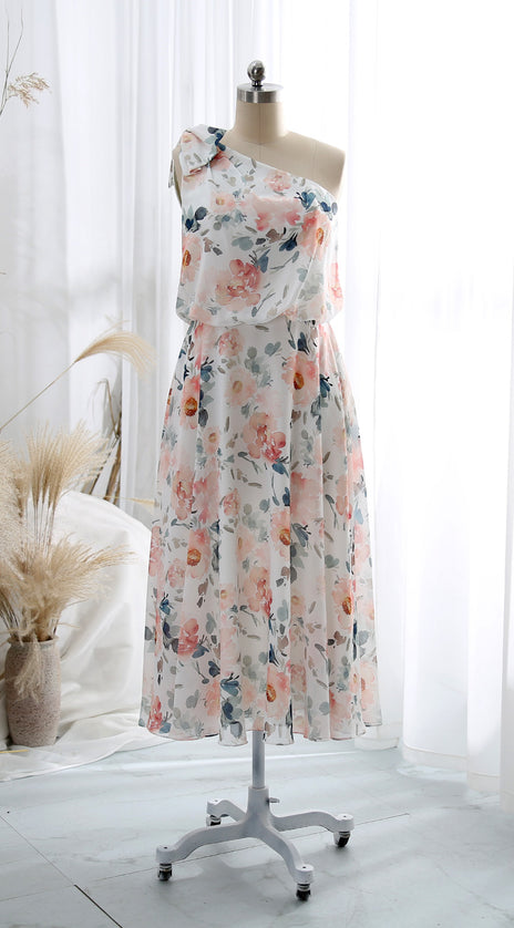 MissJophiel One Shoulder Tea Length Floral Pattern Wedding Party Guest Bridesmaid Dresses