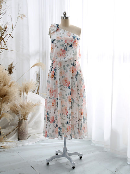 MissJophiel One Shoulder Tea Length Floral Pattern Wedding Party Guest Bridesmaid Dresses
