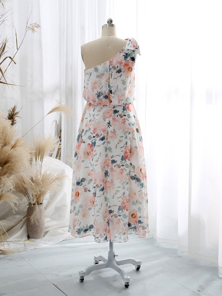 MissJophiel One Shoulder Tea Length Floral Pattern Wedding Party Guest Bridesmaid Dresses