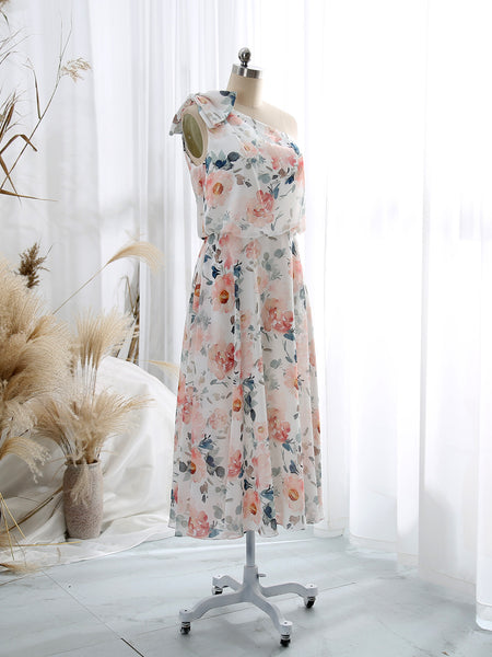 MissJophiel One Shoulder Tea Length Floral Pattern Wedding Party Guest Bridesmaid Dresses