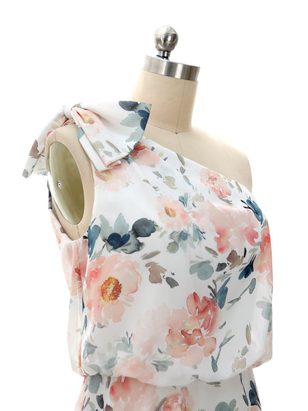 MissJophiel One Shoulder Tea Length Floral Pattern Wedding Party Guest Bridesmaid Dresses