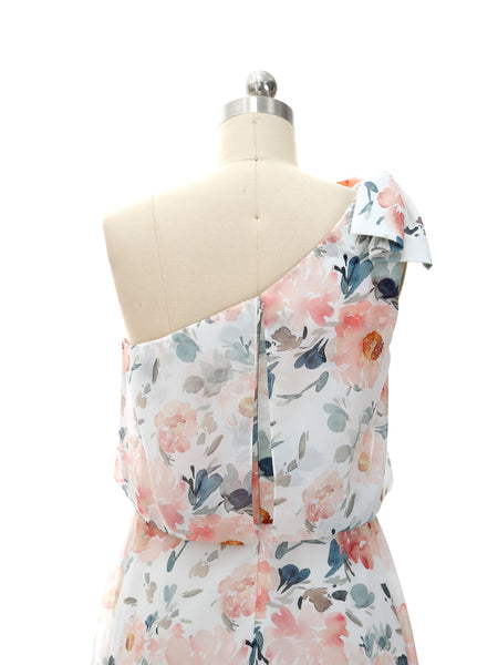 MissJophiel One Shoulder Tea Length Floral Pattern Wedding Party Guest Bridesmaid Dresses