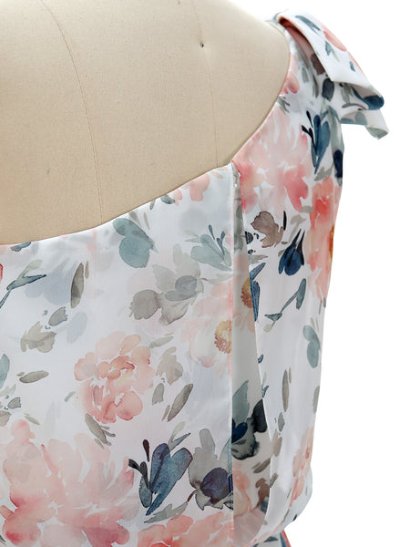 MissJophiel One Shoulder Tea Length Floral Pattern Wedding Party Guest Bridesmaid Dresses