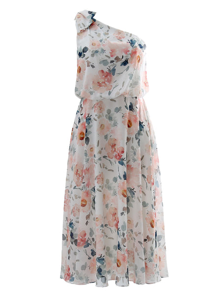 MissJophiel One Shoulder Tea Length Floral Pattern Wedding Party Guest Bridesmaid Dresses