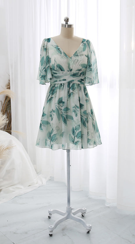 MissJophiel V Neck Short Ruched Empire Waist Floral Pattern Sprint Summer Cocktail Dresses