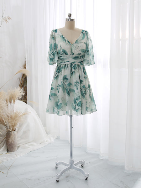 MissJophiel V Neck Short Ruched Empire Waist Floral Pattern Sprint Summer Cocktail Dresses