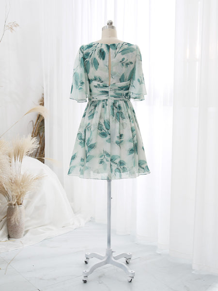 MissJophiel V Neck Short Ruched Empire Waist Floral Pattern Sprint Summer Cocktail Dresses