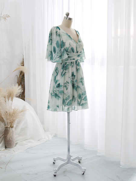 MissJophiel V Neck Short Ruched Empire Waist Floral Pattern Sprint Summer Cocktail Dresses