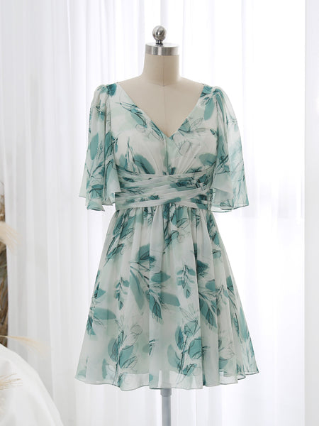 MissJophiel V Neck Short Ruched Empire Waist Floral Pattern Sprint Summer Cocktail Dresses