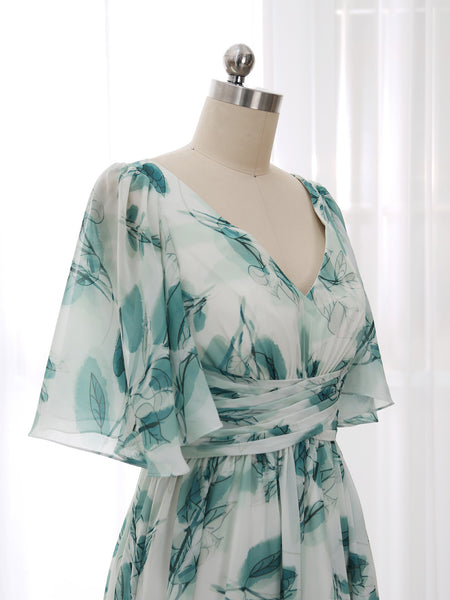 MissJophiel V Neck Short Ruched Empire Waist Floral Pattern Sprint Summer Cocktail Dresses