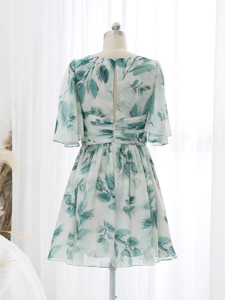 MissJophiel V Neck Short Ruched Empire Waist Floral Pattern Sprint Summer Cocktail Dresses