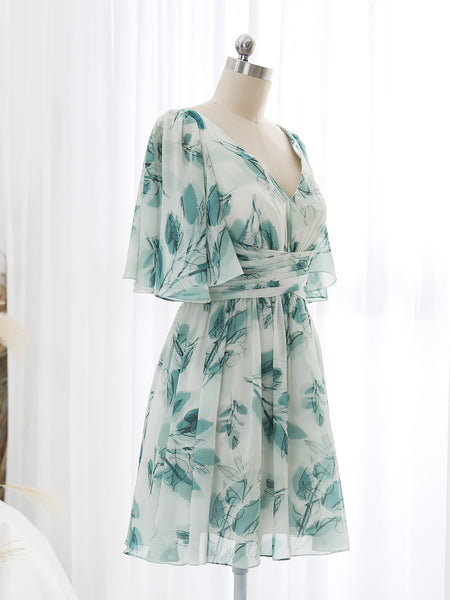MissJophiel V Neck Short Ruched Empire Waist Floral Pattern Sprint Summer Cocktail Dresses