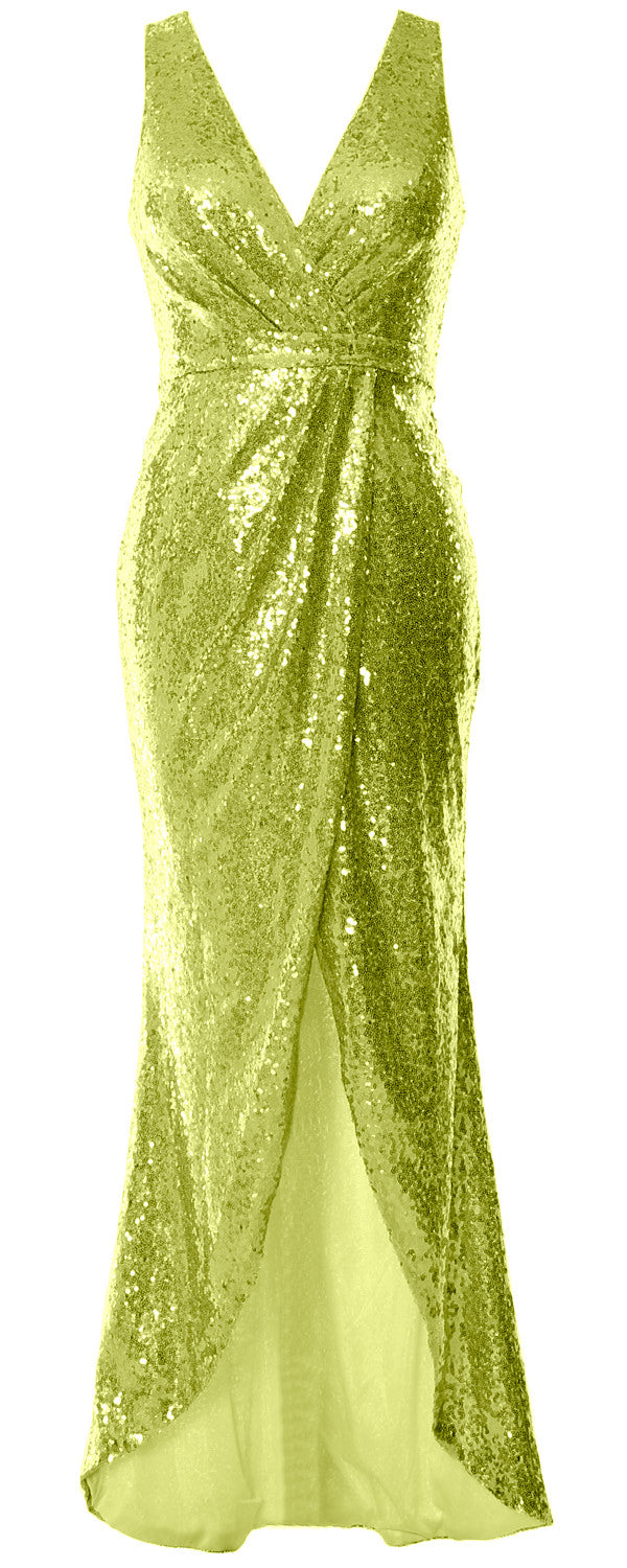 MACloth Women Sequin V Neck Wrap Long Bridesmaid Dresses Wedding Prom Gown