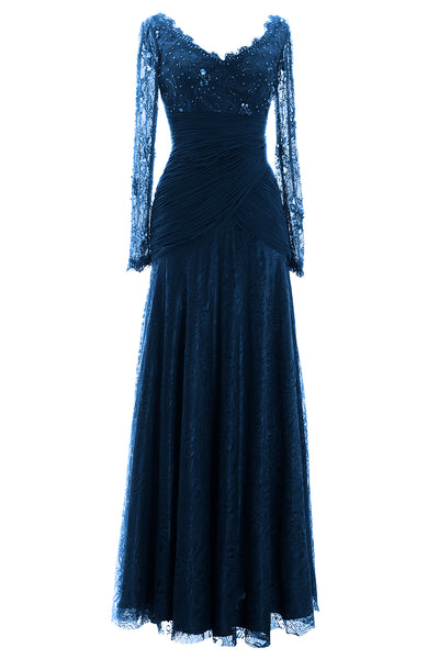 MACloth Women Long Sleeve V Neck Bead Mother of Bride Formal Dress Evening Gown