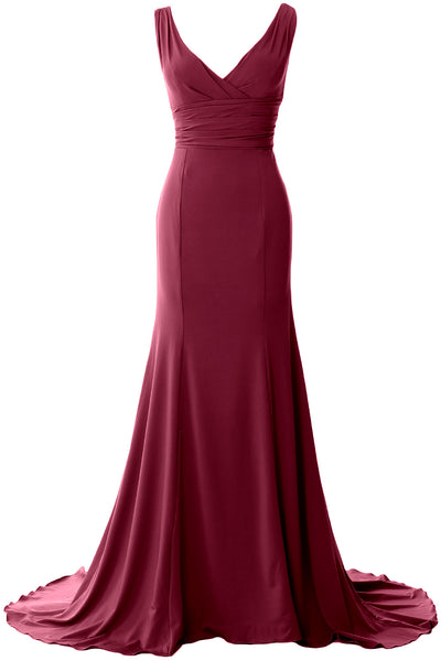 MACloth Long Mermaid Jersey Prom Dresses V-Neck Sleeveless Evening Party Gown