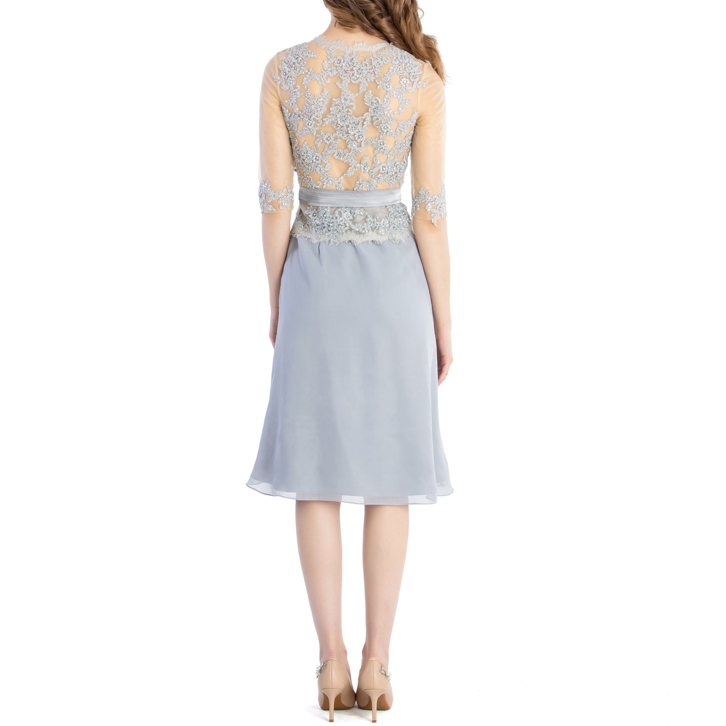 MACloth Damen-Kleid mit Rundhalsausschnitt, Perlenspitze, kurze Halbärmel, für die Brautmutter, Hochzeit, Brautparty