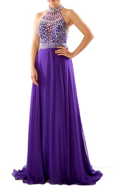 MACloth Women Halter High Neck Sleeveless Long Prom Party Dress Evening Gown