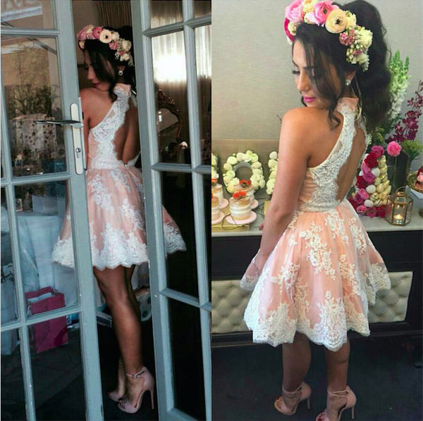MACloth Halter High Neck Lace Mini Prom Homecoming Dress Cocktail Dress