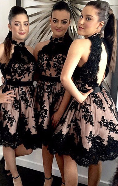MACloth Halter High Neck Lace Mini Prom Homecoming Dress Cocktail Dress
