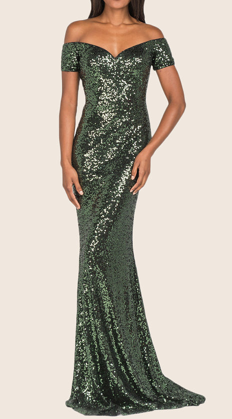 MACloth Mermaid Off the Shoulder Sequin Evening Gown Dark Green Prom Dress