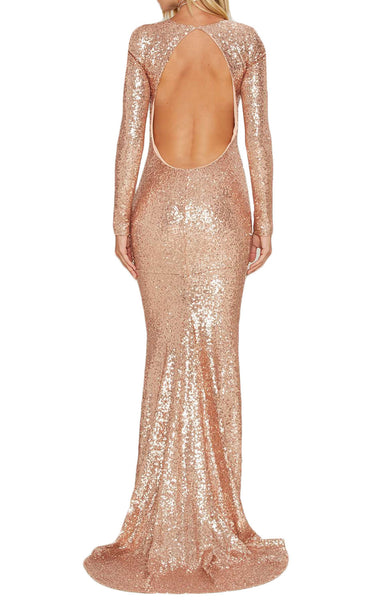 MACloth Mermaid Long Sleeves Sequin Formal Evening Gown Rose Gold Prom Dress