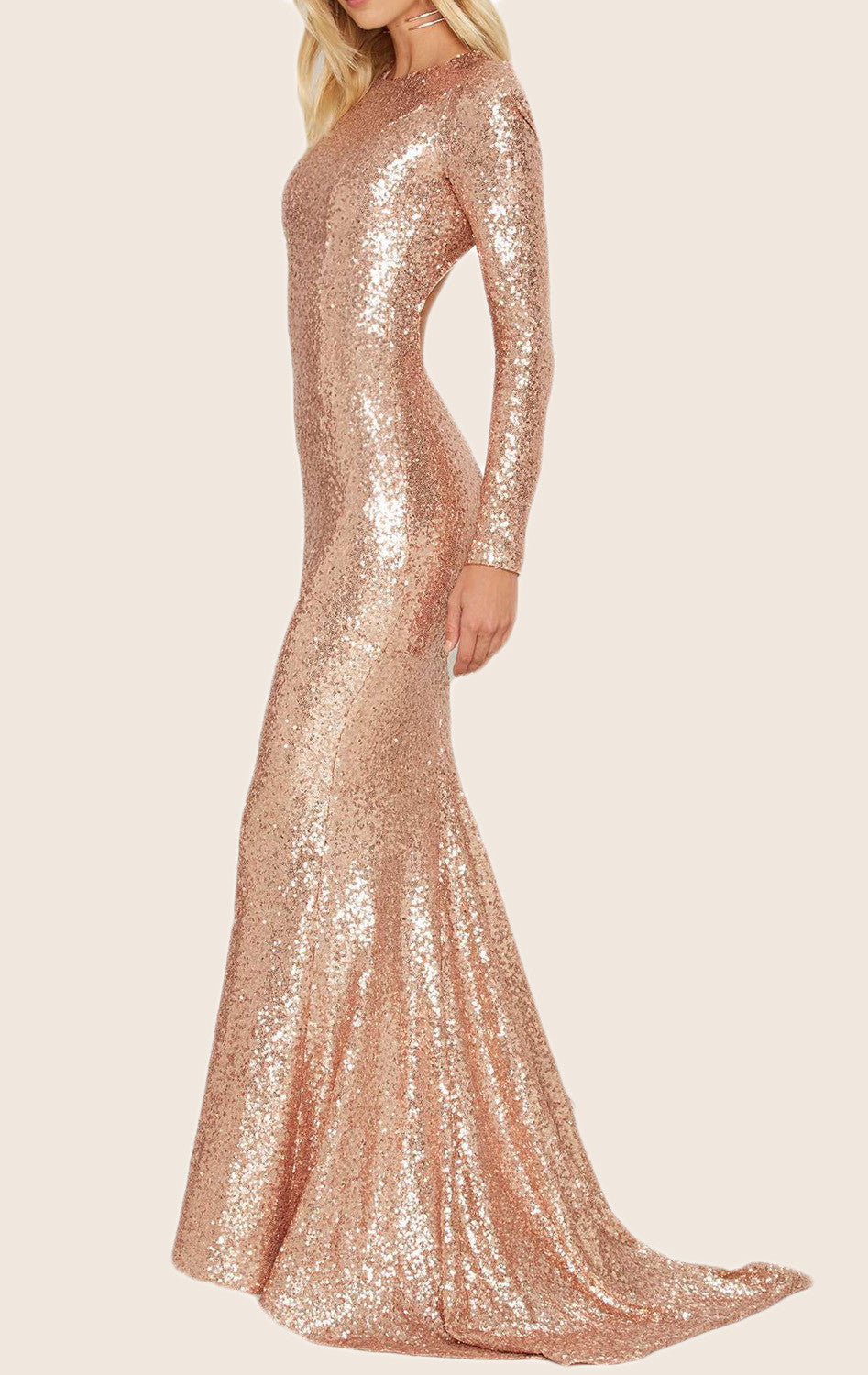 Vestido de noche formal con lentejuelas y mangas largas de sirena de MACloth, vestido de fiesta en oro rosa