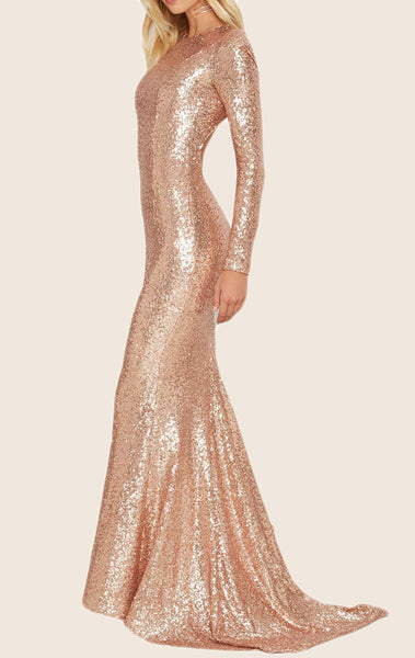 MACloth Mermaid Long Sleeves Sequin Formal Evening Gown Rose Gold Prom Dress