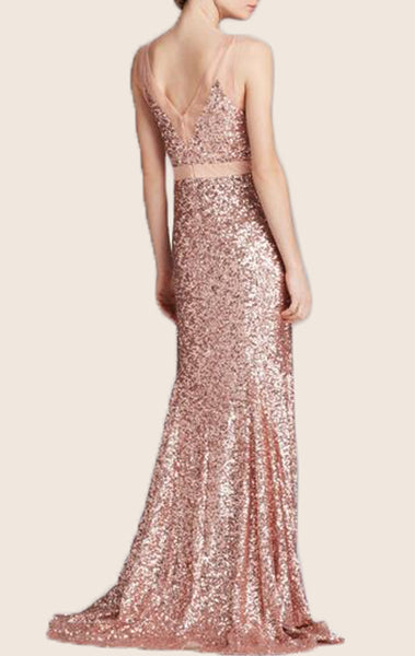 MACloth Mermaid V Back Sequin Prom Dress Rose Gold Formal Evening Gown