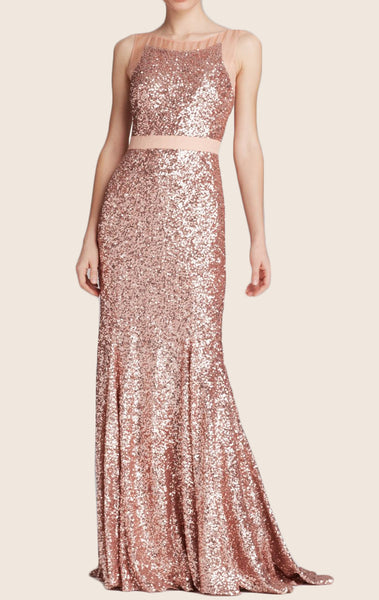 MACloth Mermaid V Back Sequin Prom Dress Rose Gold Formal Evening Gown