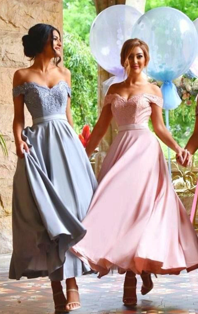 MACloth Off the Shoulder Tea Length Bridesmaid Dress Satin Lace Formal Gown