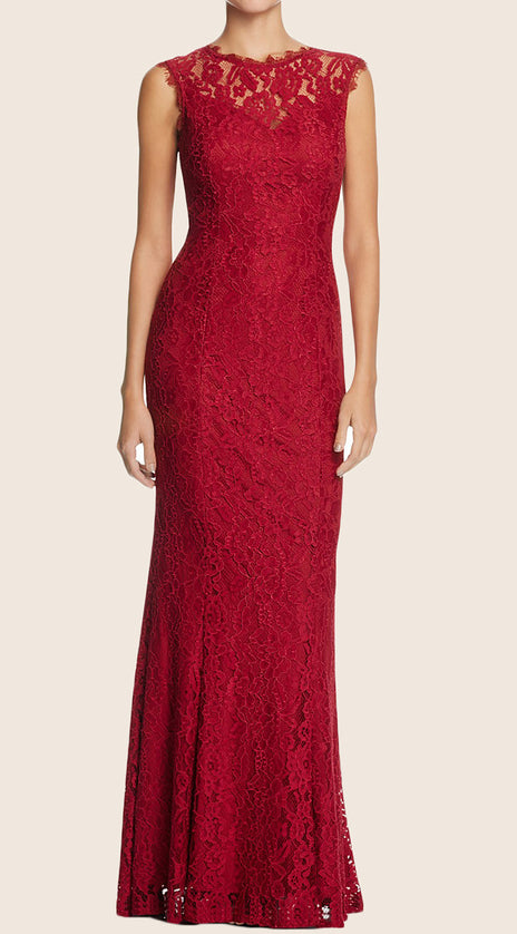 MACloth Sheath Lace Formal Evening Gown with Open Back Burgundy Prom Gown