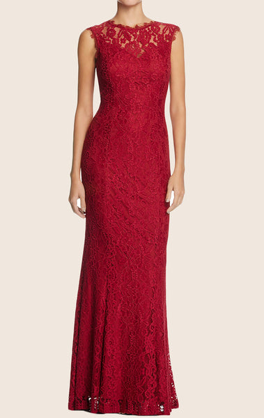 MACloth Sheath Lace Formal Evening Gown with Open Back Burgundy Prom Gown