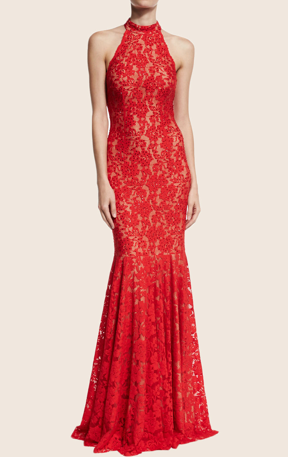 MACloth Mermaid Halter Lace Red Evening Gown Simple Prom Dress