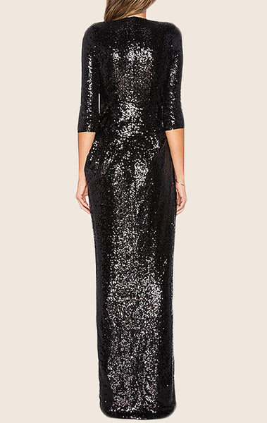 MACloth Half Sleeves Deep V Neck Sequin Evening Gown Black Formal Party Dress