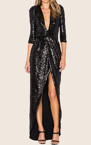MACloth Half Sleeves Deep V Neck Sequin Evening Gown Black Formal Party Dress