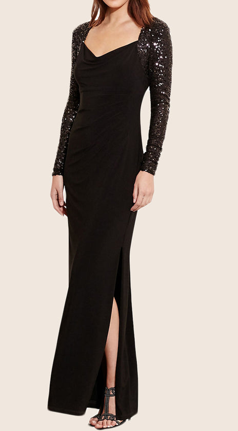 MACloth Long Sleeves Jersey Sequin Evening Formal Gown with Slit