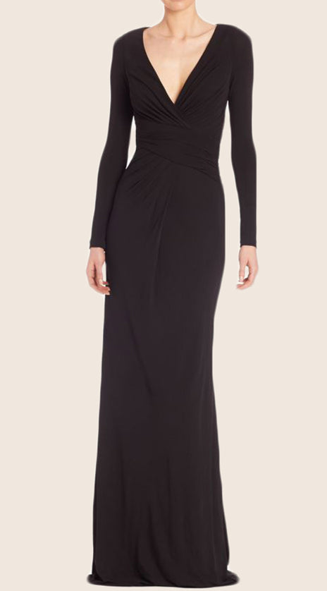 MACloth Long Sleeves V Neck Jersey Evening Formal Gown