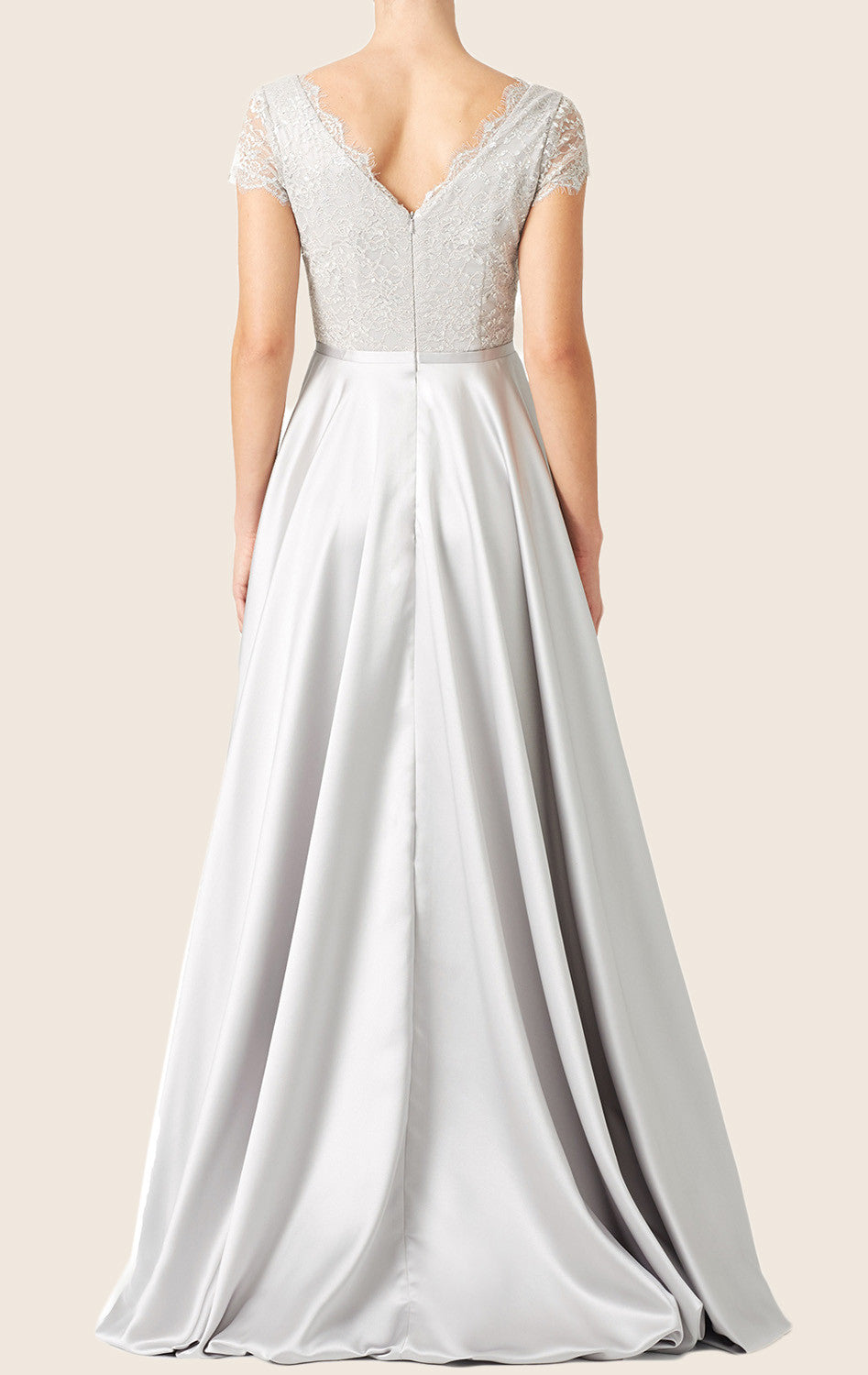 MACloth Cap Sleeves Lace Satin Formal Evening Gown Silver Wedding Party Dress