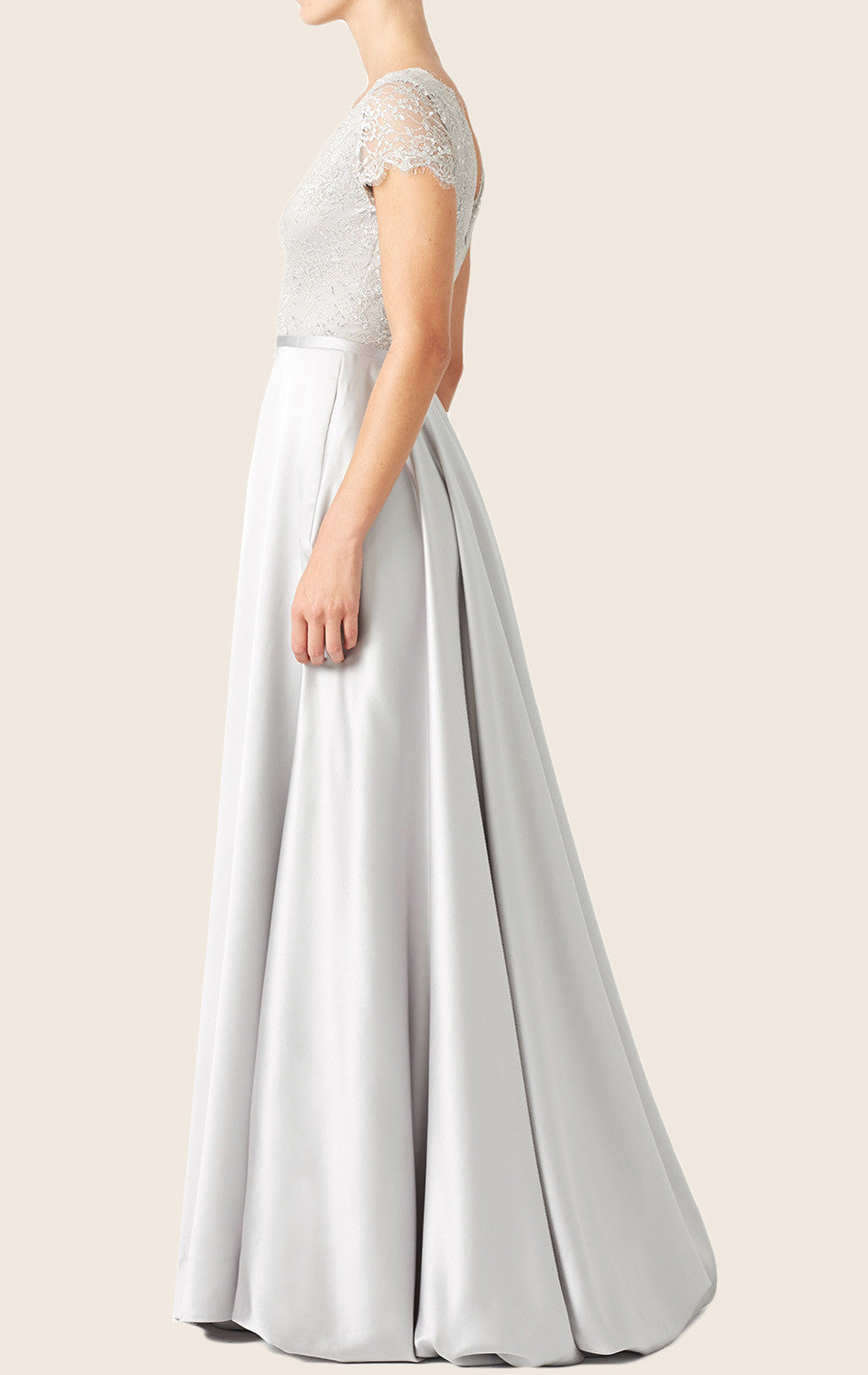 MACloth Cap Sleeves Lace Satin Formal Evening Gown Silver Wedding Party Dress