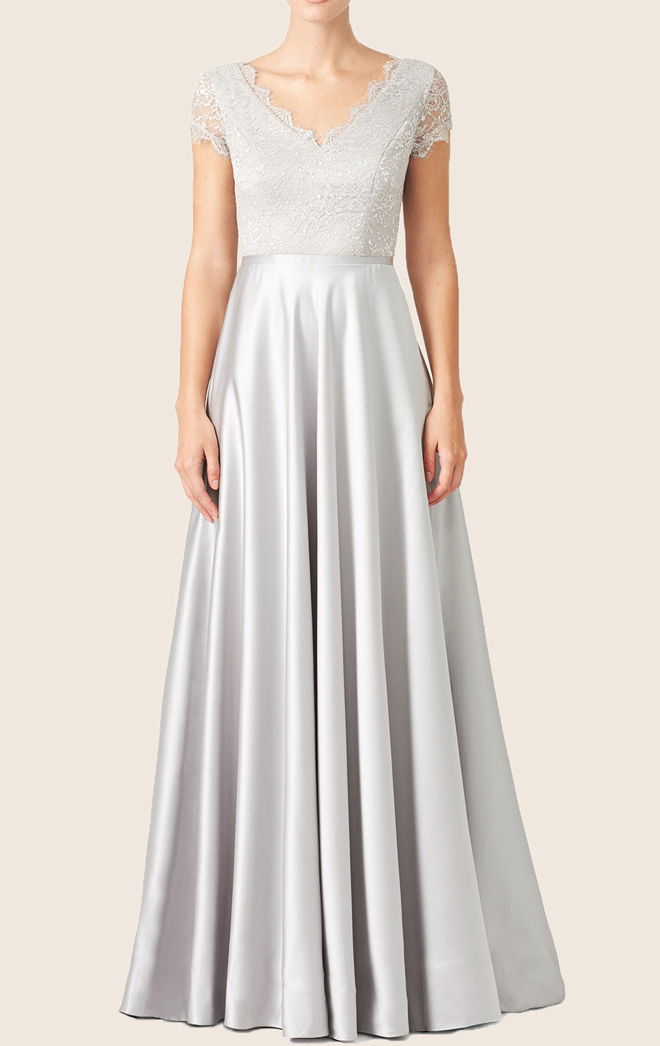 MACloth Cap Sleeves Lace Satin Formal Evening Gown Silver Wedding Party Dress