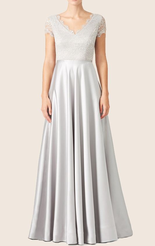 Vestido de noche formal de satén con mangas cortas de MACloth, vestido de fiesta de boda plateado