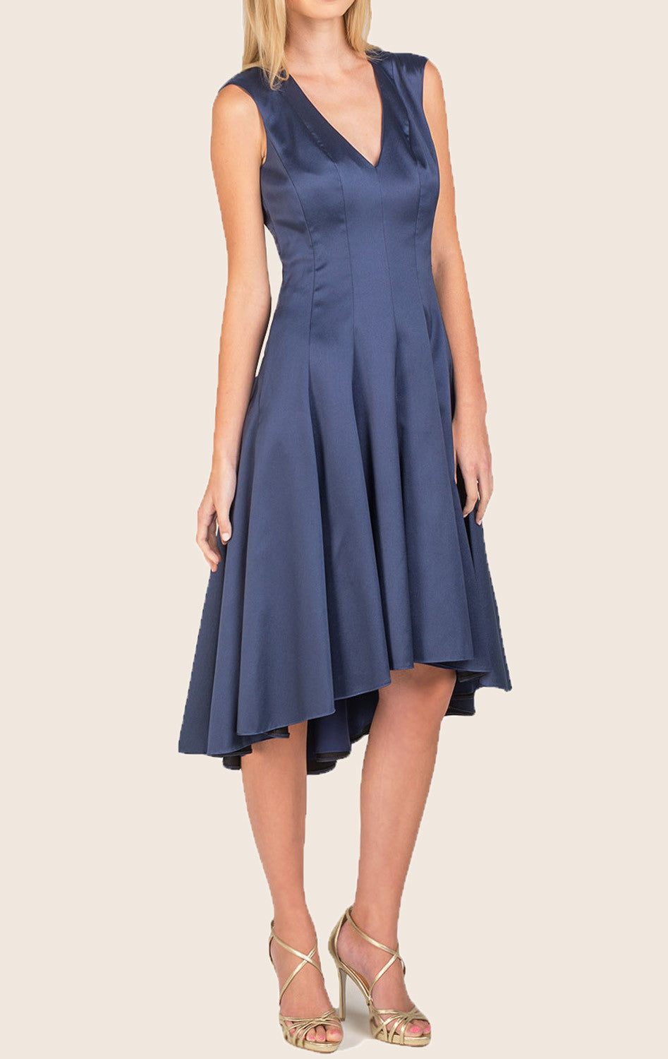 MACloth V-Ausschnitt High Low Satin Cocktailkleid Marineblau Abendkleid