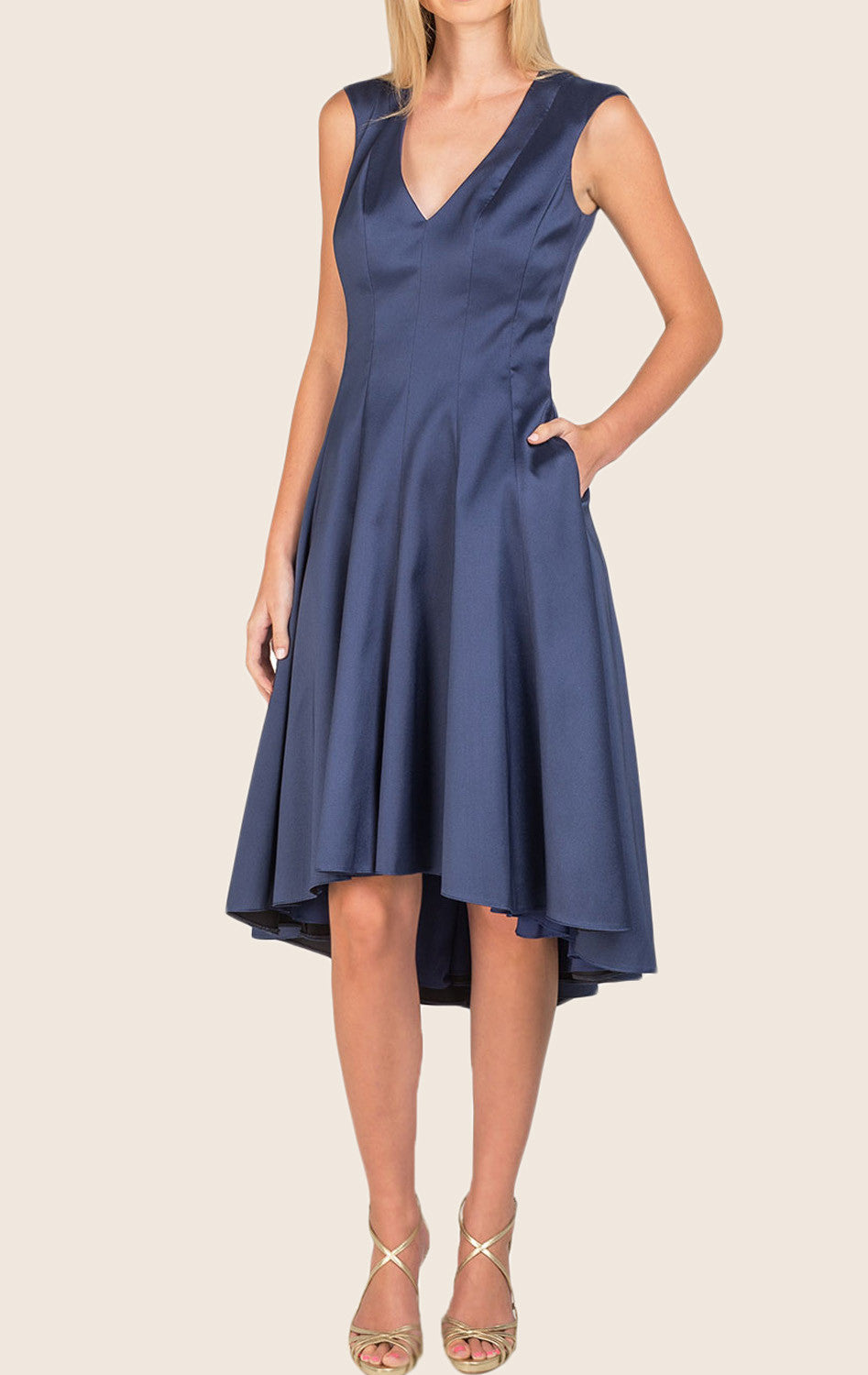 MACloth V-Ausschnitt High Low Satin Cocktailkleid Marineblau Abendkleid
