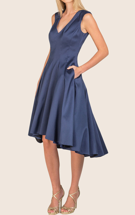 MACloth V Neck High Low Satin Cocktail Dress Navy Blue Formal Dress