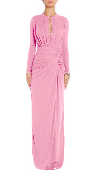 MACloth Long Sleeves O Neck Jersey Maxi Evening Gown Mother of the Brides Dress