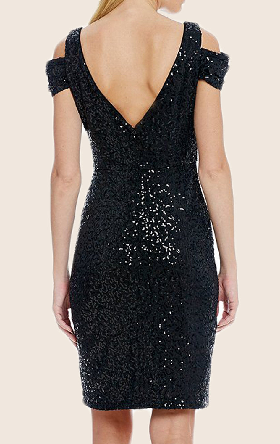 MACloth Off the Shoulder V Neck Sequin Cocktail Dress Black Mini Formal Dress