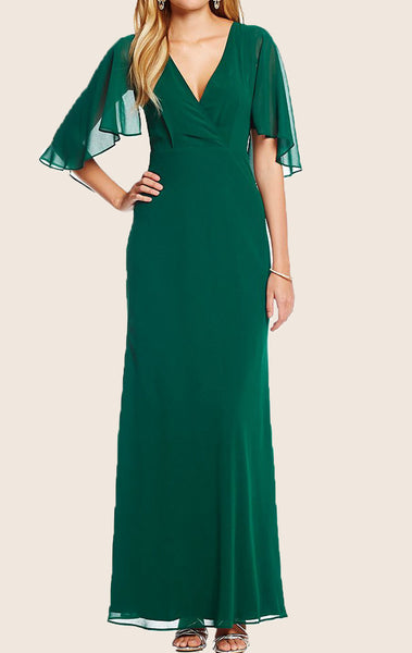 MACloth V Neck Chiffon Maxi Formal Evening Gown Green Mother of the Brides Dress